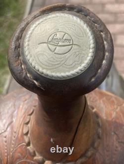 Vintage 15 Longhorn Tooled Roping Western Saddle Needs TLC & Restoration