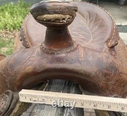 Vintage 15 Longhorn Tooled Roping Western Saddle Needs TLC & Restoration