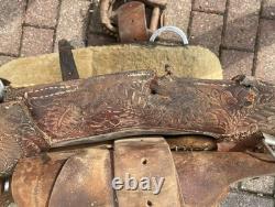 Vintage 15 Longhorn Tooled Roping Western Saddle Needs TLC & Restoration