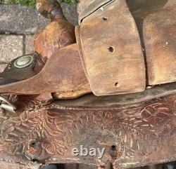 Vintage 15 Longhorn Tooled Roping Western Saddle Needs TLC & Restoration