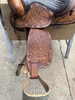 Vintage 15 Saddle Floral Pattern Tooled Leather With Stirrups
