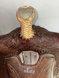 Vintage 15? Western Saddle Tooled Leather Full Quarter Horse Bars Trail Ranch