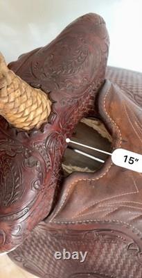 Vintage 15? Western Saddle Tooled Leather Full Quarter Horse Bars Trail Ranch