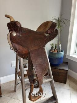 Vintage 15? Western Saddle Tooled Leather Full Quarter Horse Bars Trail Ranch