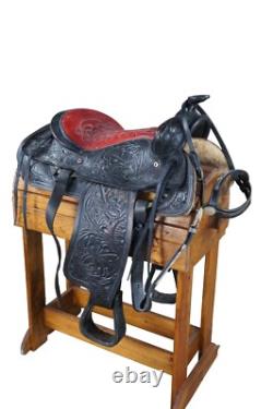 Vintage American Western Black & Red Tooled Leather Embossed 16 Horse Saddle