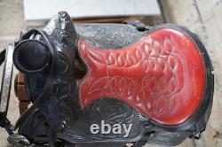 Vintage American Western Black & Red Tooled Leather Embossed 16 Horse Saddle