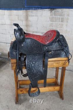 Vintage American Western Black & Red Tooled Leather Embossed 16 Horse Saddle