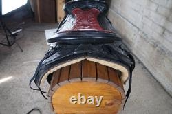 Vintage American Western Black & Red Tooled Leather Embossed 16 Horse Saddle