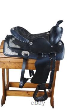 Vintage American Western Black & Silver Tooled Leather Embossed 16 Horse Saddle
