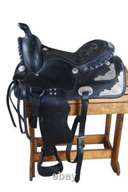 Vintage American Western Black & Silver Tooled Leather Embossed 16 Horse Saddle