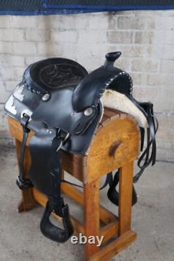Vintage American Western Black & Silver Tooled Leather Embossed 16 Horse Saddle
