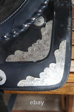 Vintage American Western Black & Silver Tooled Leather Embossed 16 Horse Saddle