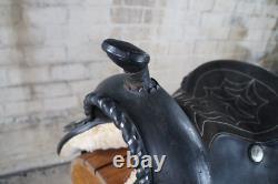 Vintage American Western Black & Silver Tooled Leather Embossed 16 Horse Saddle