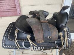 Vintage/Antique 15.5 Simco Western saddle withsilver diamonds, tapaderos