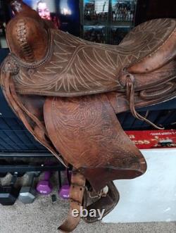 Vintage Bonanza Big Horn Leather Western Saddle 14 Seat Nice Tooling Repaired
