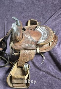 Vintage Children's Tooled Leather Horse Saddle, 11 Seat, Western Farm Decor
