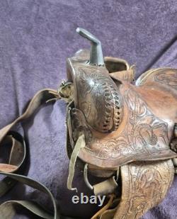 Vintage Children's Tooled Leather Horse Saddle, 11 Seat, Western Farm Decor
