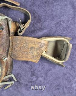Vintage Children's Tooled Leather Horse Saddle, 11 Seat, Western Farm Decor