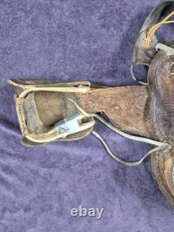 Vintage Children's Tooled Leather Horse Saddle, 11 Seat, Western Farm Decor