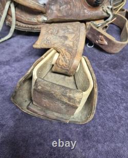 Vintage Children's Tooled Leather Horse Saddle, 11 Seat, Western Farm Decor