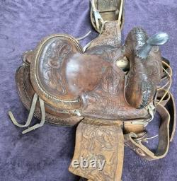 Vintage Children's Tooled Leather Horse Saddle, 11 Seat, Western Farm Decor