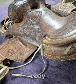 Vintage Children's Tooled Leather Horse Saddle, 11 Seat, Western Farm Decor