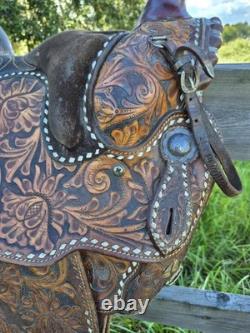 Vintage Circle Y Western Show Saddle Floral Hand Tooled Sterling Silver 15-15.5