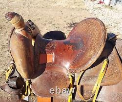 Vintage Clark Western Saddle With Square Skit 14 Seat Tooled