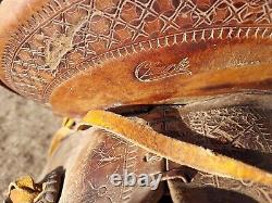 Vintage Clark Western Saddle With Square Skit 14 Seat Tooled