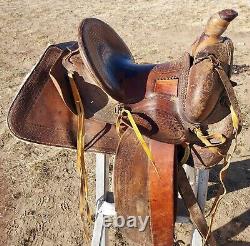 Vintage Clark Western Saddle With Square Skit 14 Seat Tooled