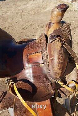 Vintage Clark Western Saddle With Square Skit 14 Seat Tooled