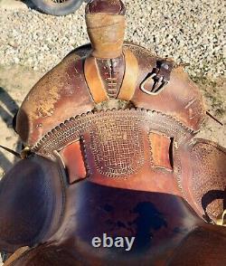 Vintage Clark Western Saddle With Square Skit 14 Seat Tooled