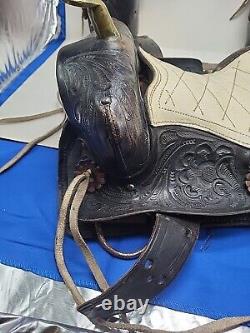 Vintage Country Western Cowboy Saddle Tooled Kids Brass Pommel Black USA