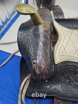 Vintage Country Western Cowboy Saddle Tooled Kids Brass Pommel Black USA