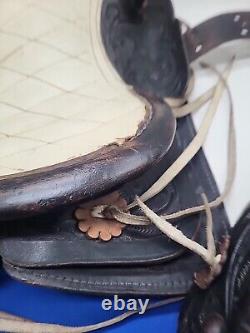 Vintage Country Western Cowboy Saddle Tooled Kids Brass Pommel Black USA