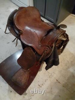 Vintage Hand-Tooled Floral Leather Western Saddle Highback style for added rider