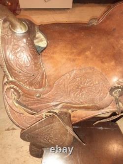 Vintage Hand-Tooled Floral Leather Western Saddle Highback style for added rider