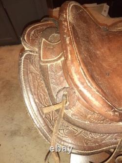 Vintage Hand-Tooled Floral Leather Western Saddle Highback style for added rider