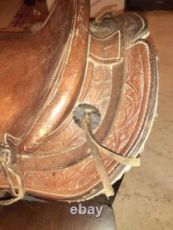 Vintage Hand-Tooled Floral Leather Western Saddle Highback style for added rider