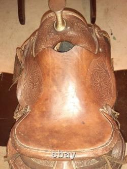 Vintage Hand-Tooled Floral Leather Western Saddle Highback style for added rider
