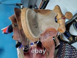 Vintage Hand Tooled Leather SADDLE 17 with13 Leather Flaps + Purple Blanket
