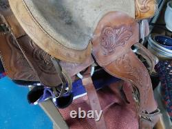 Vintage Hand Tooled Leather SADDLE 17 with13 Leather Flaps + Purple Blanket