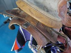 Vintage Hand Tooled Leather SADDLE 17 with13 Leather Flaps + Purple Blanket