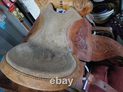 Vintage Hand Tooled Leather SADDLE 17 with13 Leather Flaps + Purple Blanket