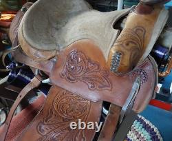 Vintage Hand Tooled Leather SADDLE 17 with13 Leather Flaps + Purple Blanket