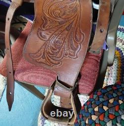 Vintage Hand Tooled Leather SADDLE 17 with13 Leather Flaps + Purple Blanket