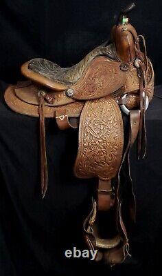 Vintage Hand Tooled Ornate Brown Leather Western Barrel 15 Show Horse Saddle