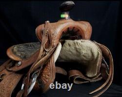 Vintage Hand Tooled Ornate Brown Leather Western Barrel 15 Show Horse Saddle