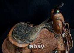 Vintage Hand Tooled Ornate Brown Leather Western Barrel 15 Show Horse Saddle