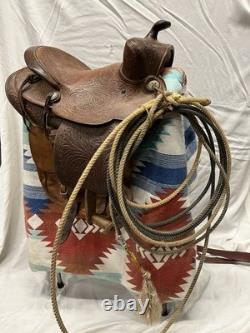 Vintage Leather Saddle With Trail Bag Gun Sleeve Rope & Western Blanket Child Size